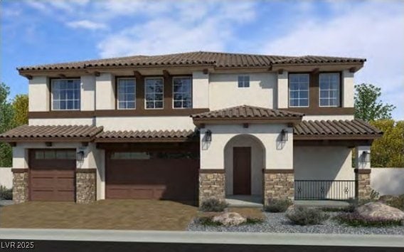 mediterranean / spanish house with a garage, driveway, stone siding, a tiled roof, and stucco siding