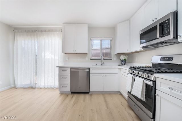 kitchen featuring white cabinetry, stainless steel appliances, a sink, and light countertops