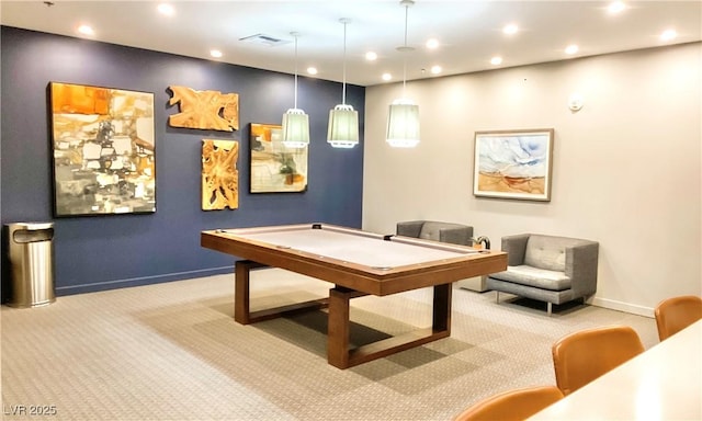 recreation room with light carpet, baseboards, visible vents, and recessed lighting