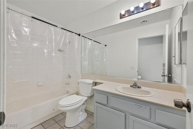 bathroom featuring shower / tub combo, visible vents, toilet, tile patterned flooring, and vanity