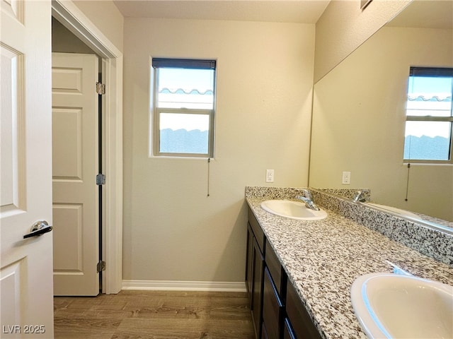 bathroom with double vanity, baseboards, a sink, and wood finished floors