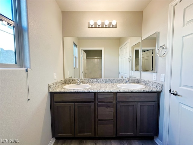 bathroom with wood finished floors, a shower with door, a sink, and double vanity