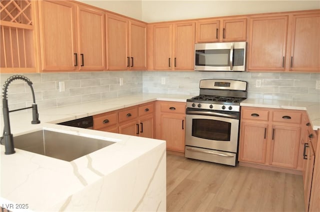 kitchen featuring stainless steel appliances, tasteful backsplash, a sink, and light wood-style flooring