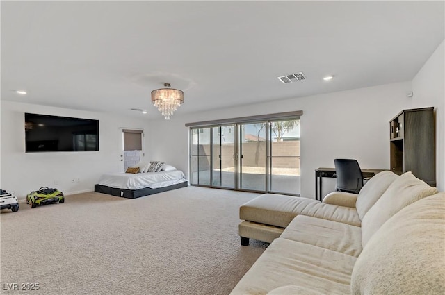 carpeted bedroom featuring a chandelier, recessed lighting, baseboards, and access to exterior