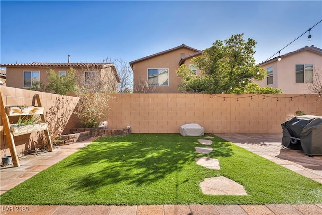 view of yard with a patio area and a fenced backyard