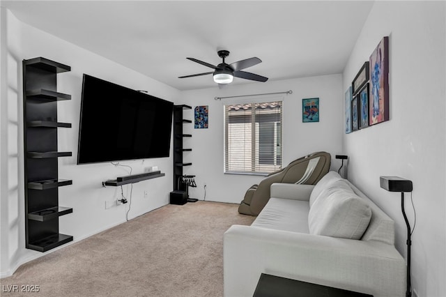 living room featuring light colored carpet and ceiling fan