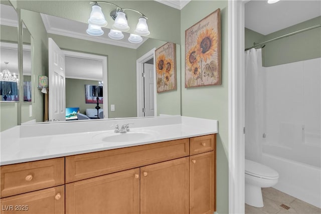 full bathroom with vanity, shower / tub combo with curtain, tile patterned floors, ensuite bathroom, and crown molding