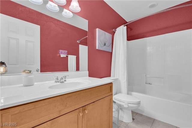 bathroom with tile patterned flooring, shower / bath combo with shower curtain, toilet, and vanity