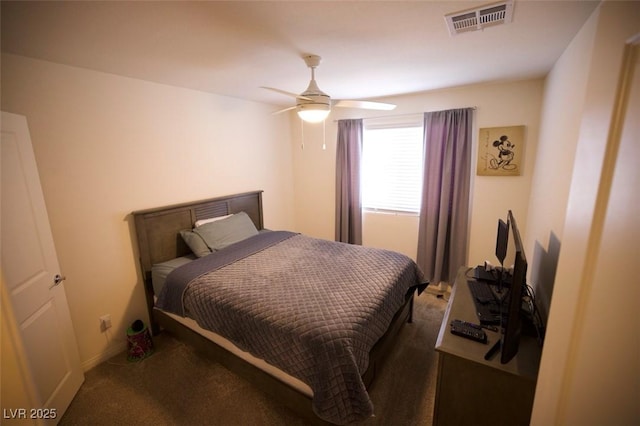 bedroom with a ceiling fan, visible vents, dark carpet, and baseboards