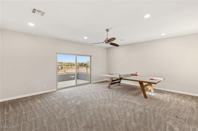 rec room featuring carpet floors, baseboards, visible vents, and recessed lighting