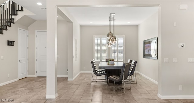 dining area with stairs, recessed lighting, visible vents, and baseboards