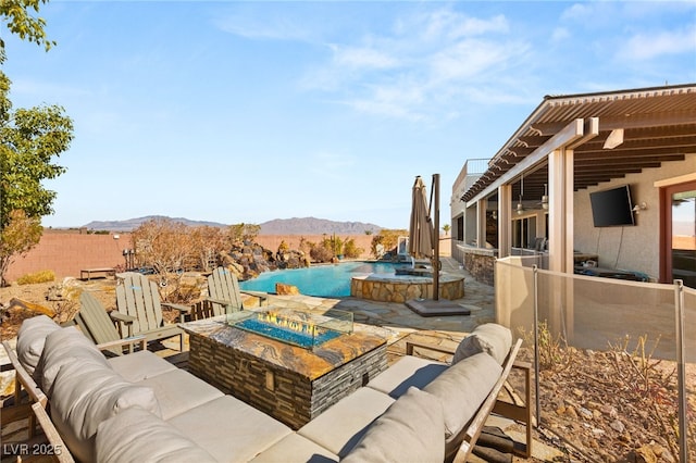 view of patio with an outdoor living space with a fire pit, an outdoor pool, and fence