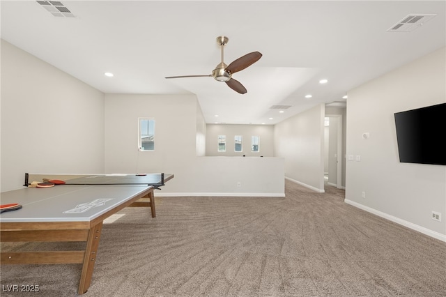 game room featuring carpet floors, recessed lighting, visible vents, and baseboards