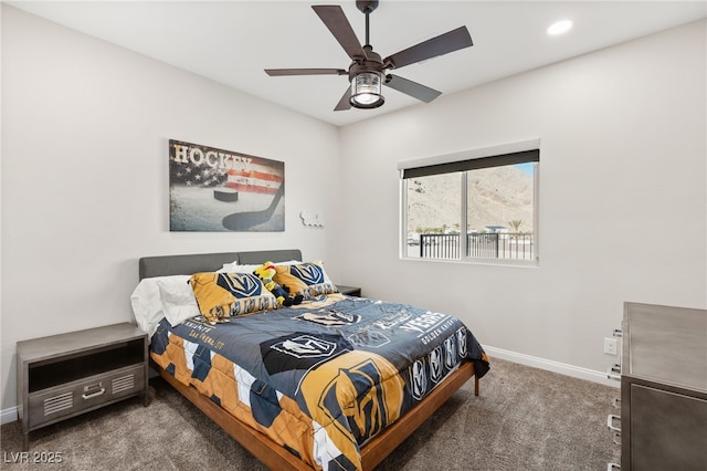 bedroom with carpet, ceiling fan, baseboards, and recessed lighting