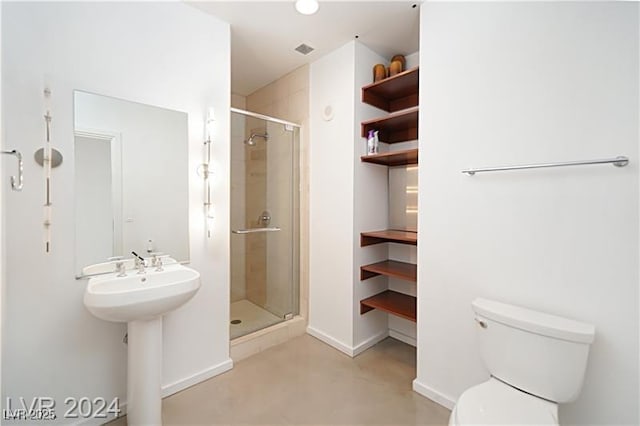 bathroom with visible vents, a stall shower, toilet, and finished concrete floors