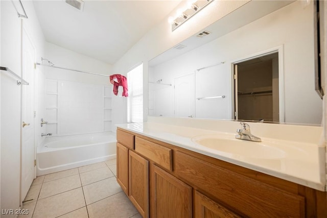 bathroom featuring vanity,  shower combination, tile patterned flooring, and visible vents