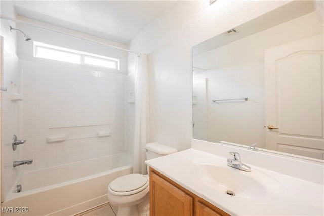 full bathroom featuring visible vents, toilet, tile patterned flooring, vanity, and shower / washtub combination