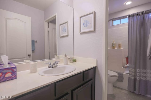 bathroom featuring shower / bath combination with curtain, vanity, and toilet