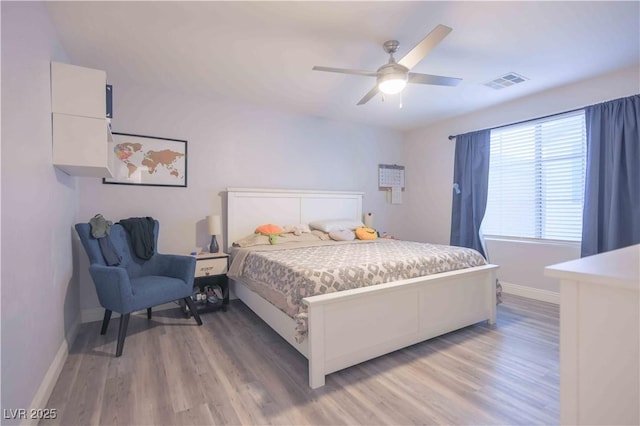 bedroom with visible vents, ceiling fan, baseboards, and wood finished floors