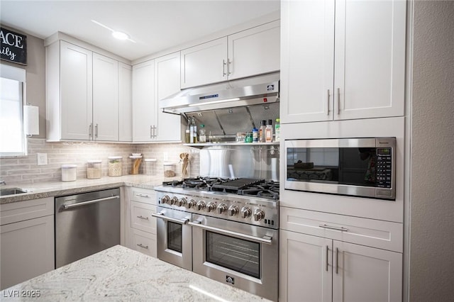 kitchen featuring stainless steel appliances, white cabinetry, and under cabinet range hood