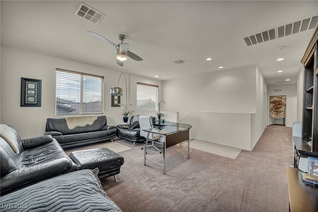 home office with ceiling fan, recessed lighting, visible vents, and light colored carpet