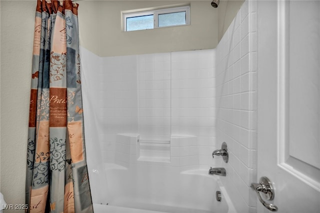 full bathroom with shower / tub combo with curtain