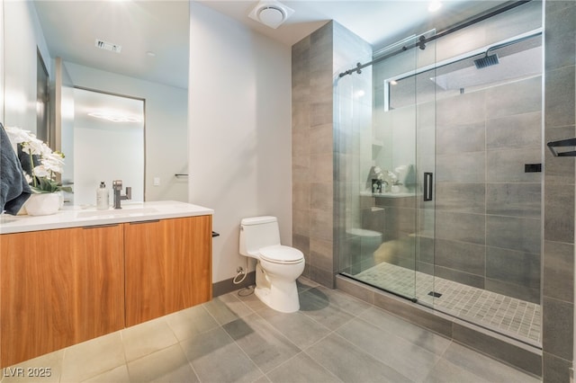 full bath featuring toilet, vanity, a shower stall, and visible vents