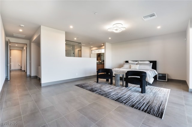 bedroom featuring baseboards, visible vents, and recessed lighting