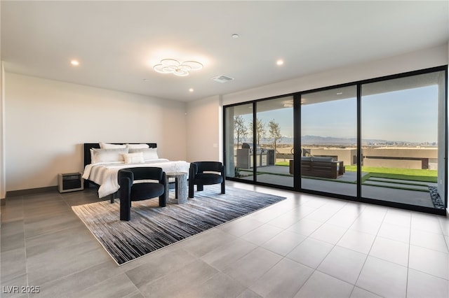 tiled bedroom featuring baseboards, recessed lighting, visible vents, and access to exterior