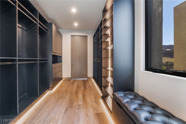 walk in closet with light wood-style floors