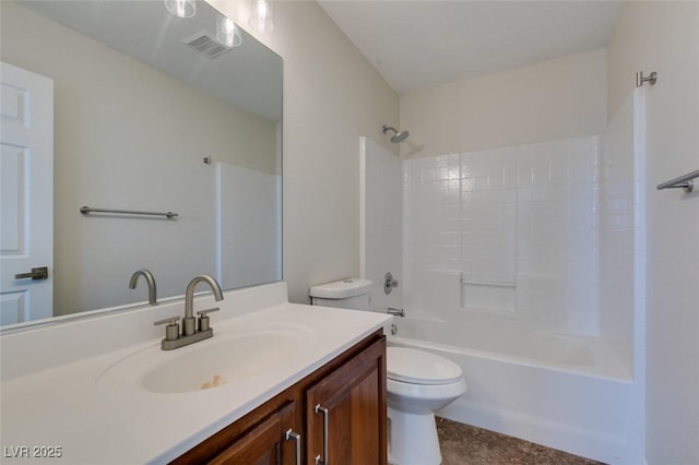 full bathroom with toilet, tub / shower combination, vanity, and visible vents