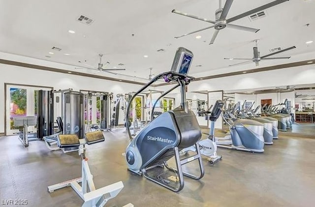 gym featuring a ceiling fan, visible vents, and recessed lighting