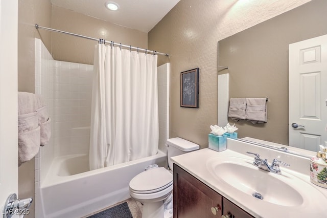 full bath with vanity, toilet, and shower / tub combo with curtain