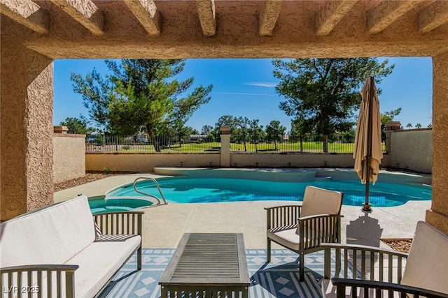 view of swimming pool with a fenced in pool, a fenced backyard, and a patio