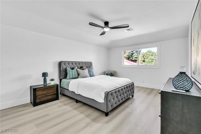 bedroom with ceiling fan, light wood-type flooring, visible vents, and baseboards