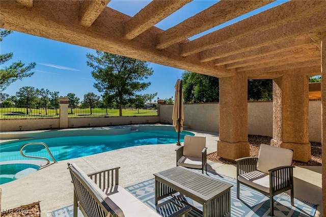 view of swimming pool featuring fence private yard, a patio area, and a fenced in pool