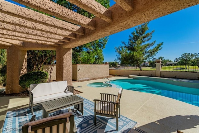 view of pool with a patio, a fenced backyard, a fenced in pool, and a pergola