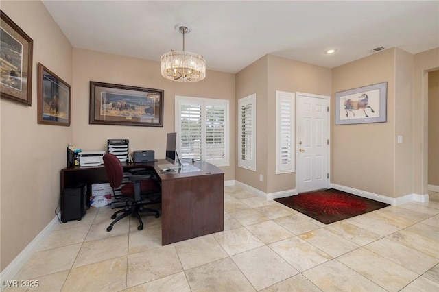 office with light tile patterned floors, visible vents, and baseboards