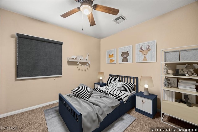 bedroom featuring carpet floors, visible vents, a ceiling fan, and baseboards