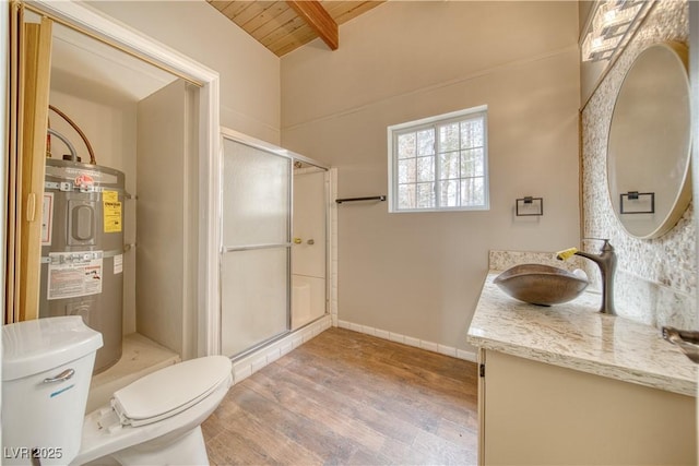 full bathroom featuring strapped water heater, a stall shower, wood finished floors, and vanity