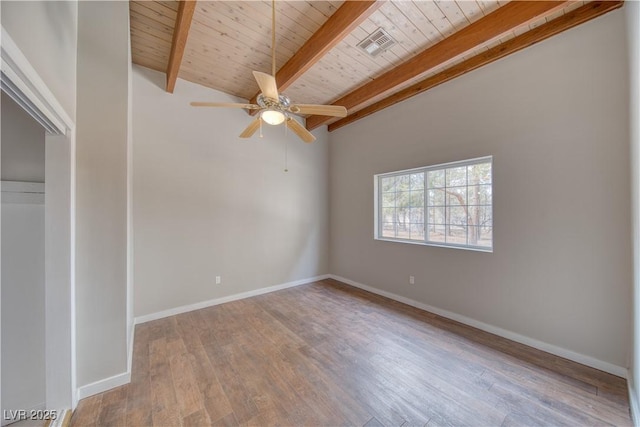 spare room featuring beamed ceiling, wood finished floors, visible vents, and baseboards