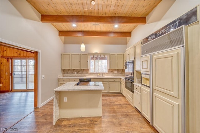 kitchen featuring decorative backsplash, a kitchen island, wood ceiling, and pendant lighting