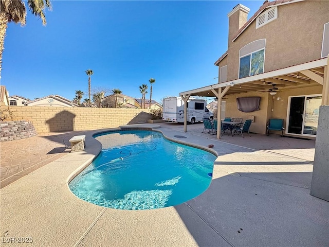 view of swimming pool featuring a fenced in pool, a fenced backyard, and a patio