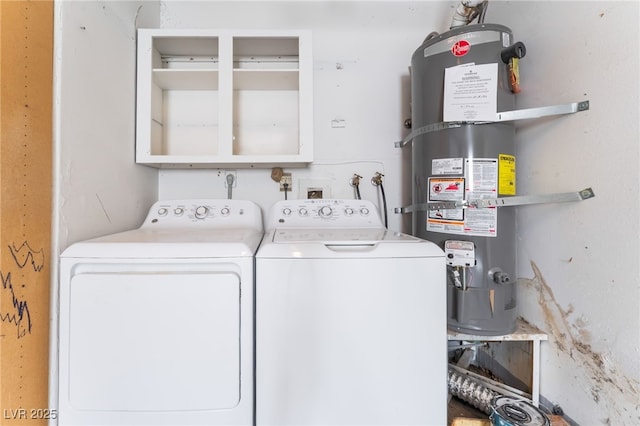 laundry room with laundry area, strapped water heater, and washer and clothes dryer