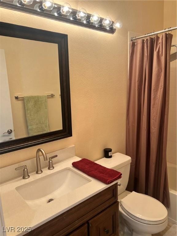 full bathroom with shower / bathtub combination with curtain, toilet, and vanity