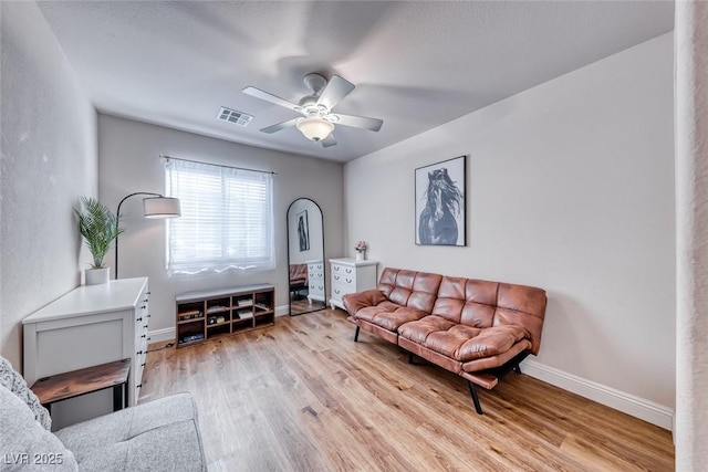 living area with a ceiling fan, light wood-type flooring, visible vents, and baseboards