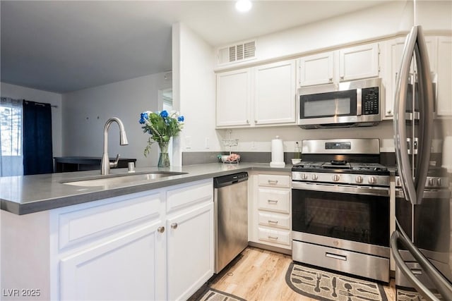 kitchen with stainless steel appliances, a peninsula, a sink, white cabinets, and dark countertops