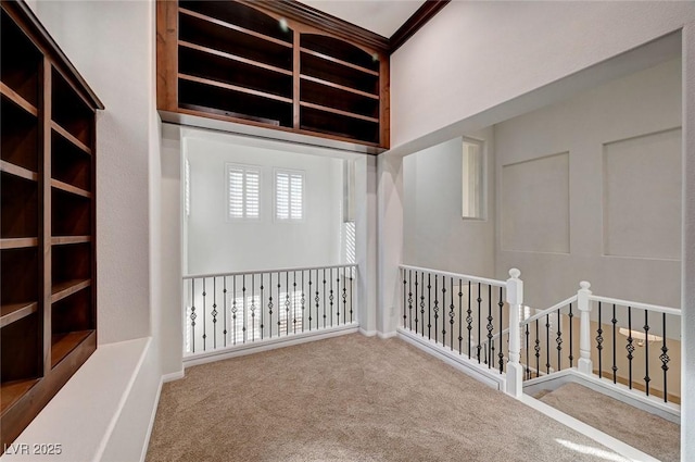 hall featuring carpet floors and an upstairs landing