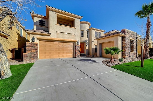 view of front of house with driveway, a garage, stone siding, a front lawn, and stucco siding