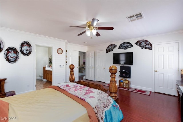 bedroom featuring baseboards, visible vents, a ceiling fan, dark wood-style floors, and crown molding